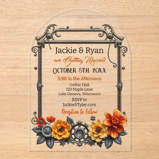 Invitations En Acrylique Engrenages à vapeur et fleurs Mariage à thème (Recto)