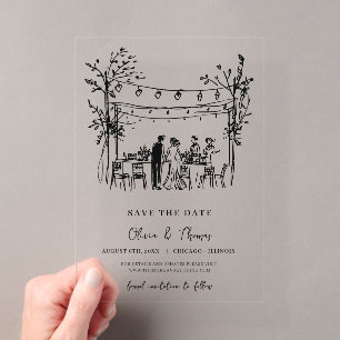 Invitations En Acrylique Enregistrement unique à la date dessinée à la main