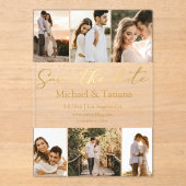 Invitations En Acrylique enregistrer la date 6 photos collage or script mar (Recto)