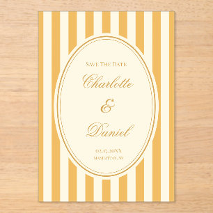 Invitations En Acrylique Enregistrez la date rayures personnalisé jaune mou