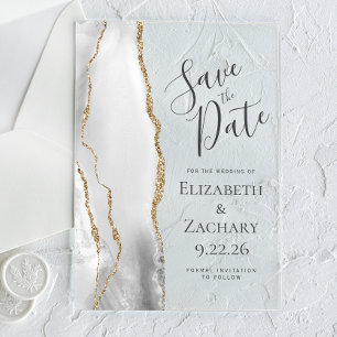 Invitations En Acrylique Épingle de mariage moderne grise blanc or agate