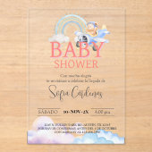 Invitations En Acrylique Espagnol Baby shower Teddy Bear Avion rose (Recto)