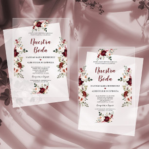 Invitations En Acrylique Espagnol Bourgogne rose Fleurs Nuestra Boda