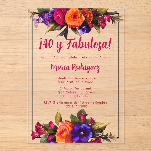 Invitations En Acrylique Espagnol Élégant Chic Bright Florals 40e anniversa (Recto)