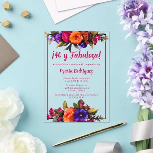 Invitations En Acrylique Espagnol Élégant Chic Bright Florals 40e anniversa (Insitu (Mariage))