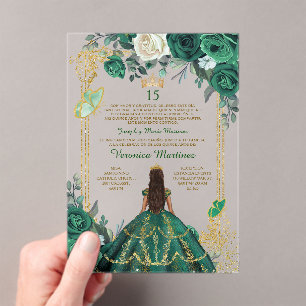 Invitations En Acrylique Espagnol Emerald Green Princess Floral Mis Quince