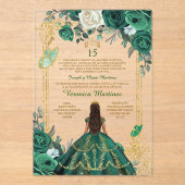 Invitations En Acrylique Espagnol Emerald Green Princess Floral Mis Quince (Recto)