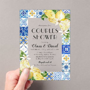 Invitations En Acrylique Eté Positano Carreaux Bleus Citrons Couples Douche