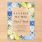 Invitations En Acrylique Eté Positano Carreaux Bleus Citrons Couples Douche (Recto)