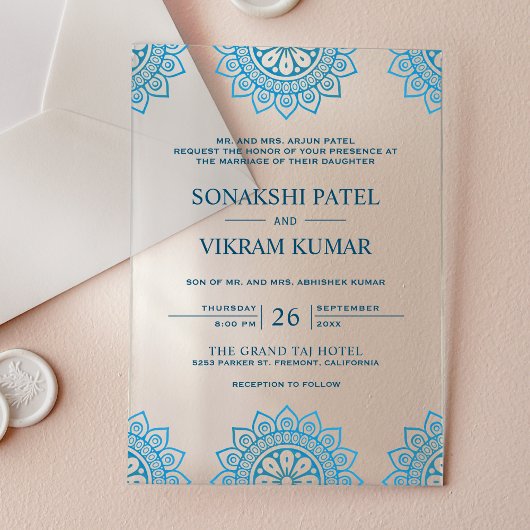 Invitations En Acrylique Ethnic Blue Mandala Indian Wedding
