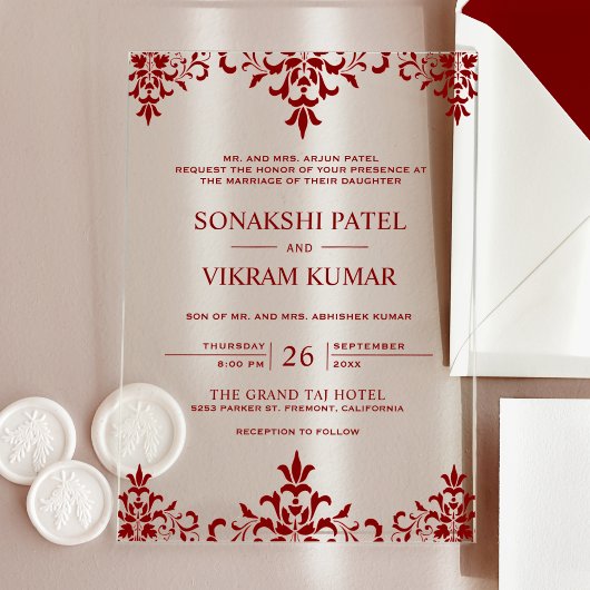 Invitations En Acrylique Ethnic Red Damask Indian Wedding