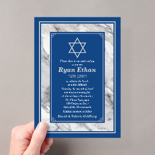 Invitations En Acrylique Étoile de David Bar Mitzvah en marbre bleu marine