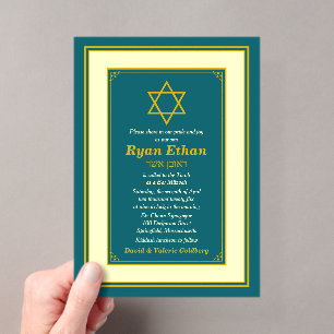 Invitations En Acrylique Étoile de David Bar Mitzvah sarcelle et or