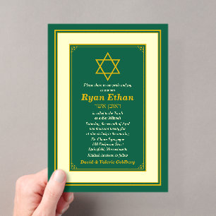 Invitations En Acrylique Étoile de David Bar Mitzvah vert chasseresse or
