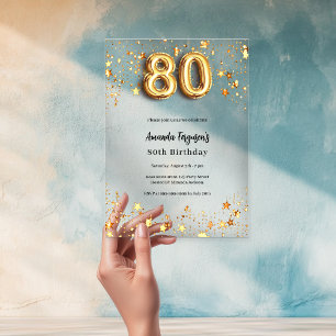 Invitations En Acrylique étoiles dorées 80e anniversaire transparentes