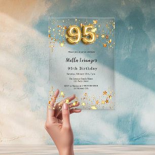 Invitations En Acrylique étoiles dorées 95e anniversaire transparentes