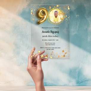 Invitations En Acrylique étoiles photo or pour 90e anniversaire fond transp