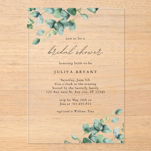 Invitations En Acrylique Eucalyptus de verdure douche nuptiale (Recto)