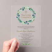 Invitations En Acrylique Eucalyptus Foliage Wreath Cross Garçon Sainte Comm (In situ (ordinateur de poche))