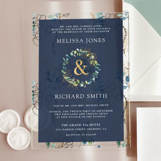 Invitations En Acrylique Eucalyptus Gold Ampersand Navy Blue Wedding