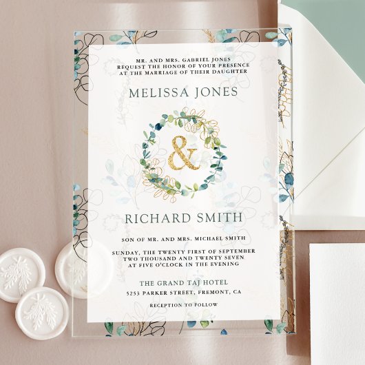 Invitations En Acrylique Eucalyptus Gold Ampersand Wedding
