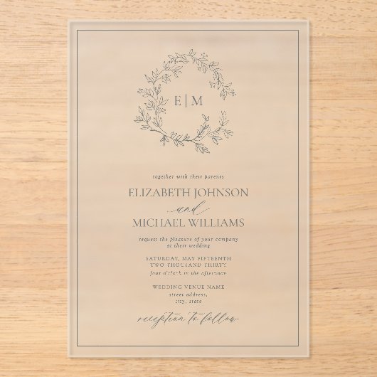 Invitations En Acrylique Eucalyptus Green Leafer Crest Monogram Mariage (Recto)