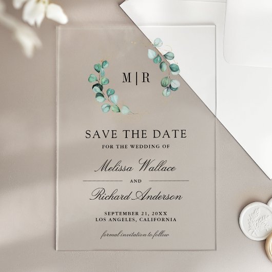 Invitations En Acrylique Eucalyptus Monogram Wedding Save the Date