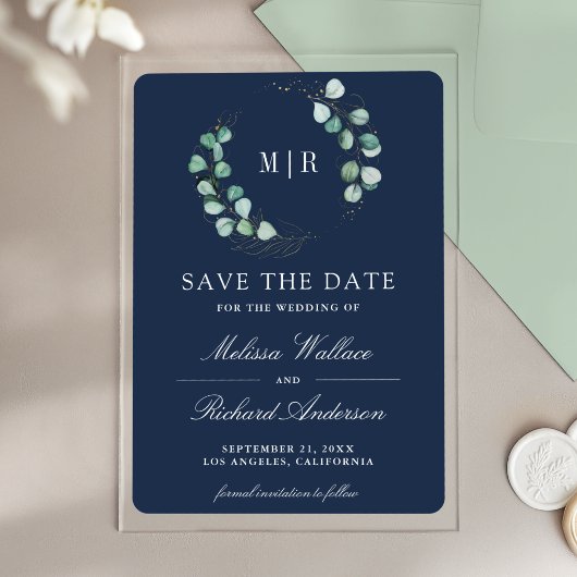 Invitations En Acrylique Eucalyptus Monogramme Mariage Navy Enregistrer la 