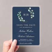 Invitations En Acrylique Eucalyptus Monogramme Mariage Navy Enregistrer la  (In situ (ordinateur de poche))