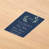 Invitations En Acrylique Eucalyptus Monogramme Mariage Navy Enregistrer la  (Poser)