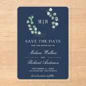 Invitations En Acrylique Eucalyptus Monogramme Mariage Navy Enregistrer la  (Recto)