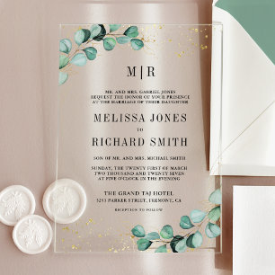 Invitations En Acrylique Eucalyptus Or Monogramme Formel Mariage