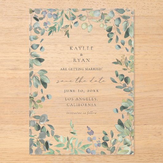 Invitations En Acrylique Eucalyptus rustique Enregistrer la date (Recto)