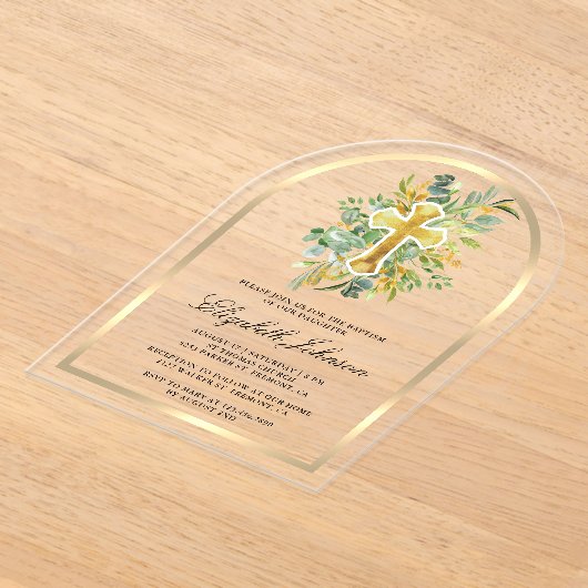 Invitations En Acrylique Eucalyptus Rustique Gold Greenery Arch Baptême (Poser)