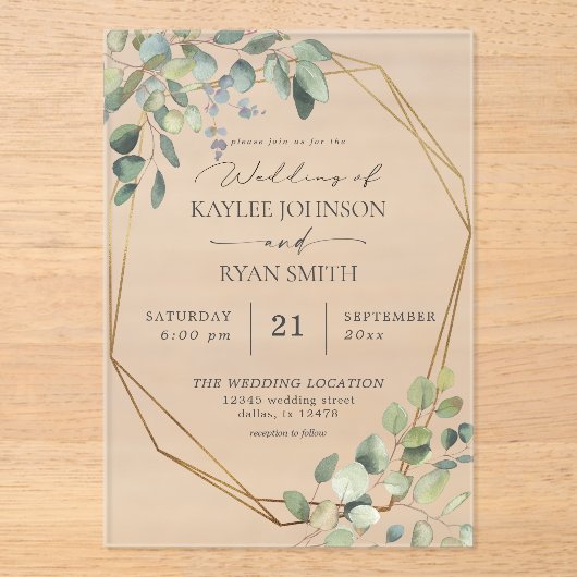Invitations En Acrylique Eucalyptus rustique & Mariage de trame or (Recto)