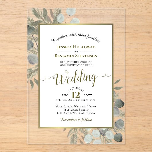 Invitations En Acrylique Eucalyptus rustique & Pine Elegant Mariage Or (Recto)