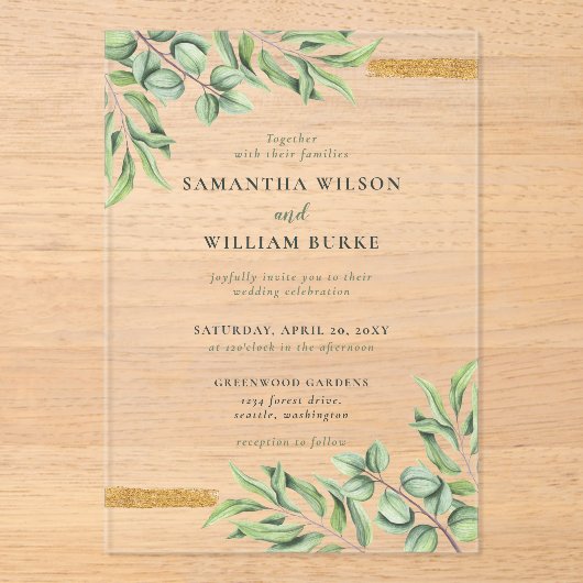 Invitations En Acrylique Eucalyptus rustique Verdure Mariage succulent (Recto)