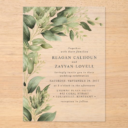 Invitations En Acrylique Eucalyptus Vert Feuille Mariage moderne (Recto)
