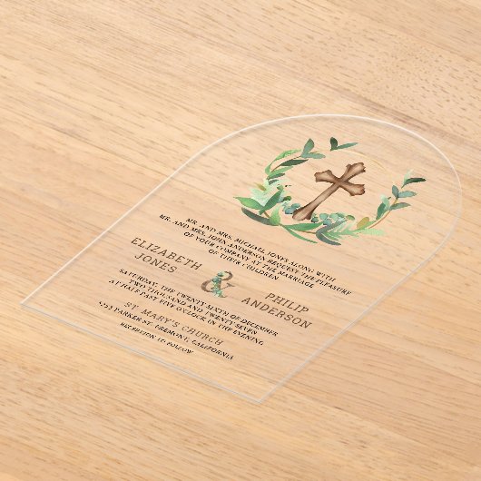 Invitations En Acrylique Eucalyptus Wood Cross Catholic Wedding (Poser)