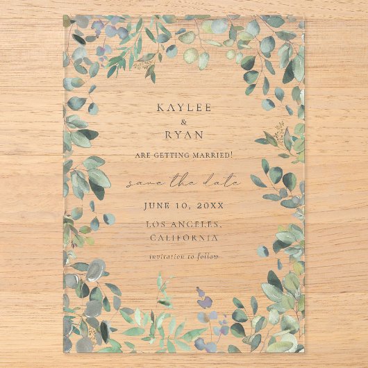 Invitations En Acrylique Faire part de date de Rustique Eucalyptus (Recto)