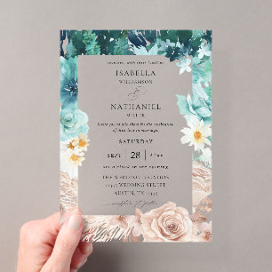 Invitations En Acrylique Faire part de mariage floral Turquoise & rose blus