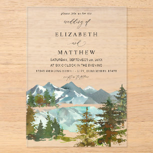 Invitations En Acrylique Faire part de mariage rustique Montagnes & Arbres