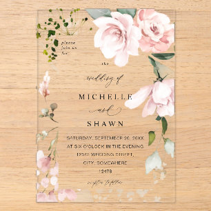 Invitations En Acrylique Fairepart de mariage 2B Rose Pâle Floral & Eucalyp