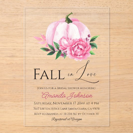 Invitations En Acrylique Fall Love Blush rose Citrouille Fête des mariées r (Recto)