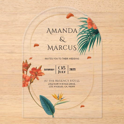 Invitations En Acrylique Fancy Tropical Flowers Wedding  (Recto)