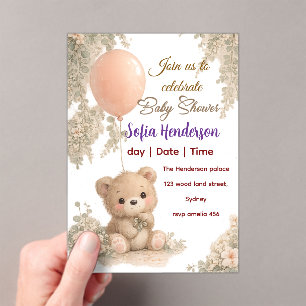 Invitations En Acrylique Fard à joues Ours Douce Couleur eau florale Baby s