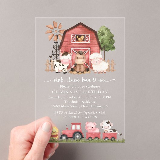 Invitations En Acrylique Farm Animals, Cute Animals, Barn, First Birthday (In situ (ordinateur de poche))