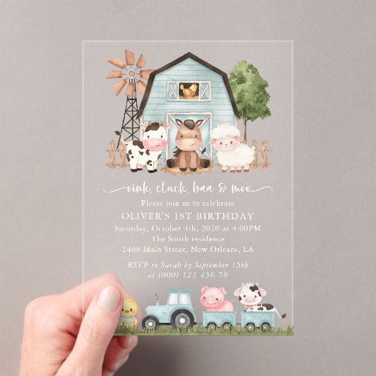 Invitations En Acrylique Farm Animals, Cute Animals, Barn, First Birthday (In situ (ordinateur de poche))