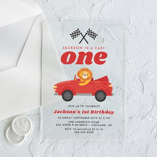Invitations En Acrylique Fast One Lion Red Race Car Boy 1er Anniversaire
