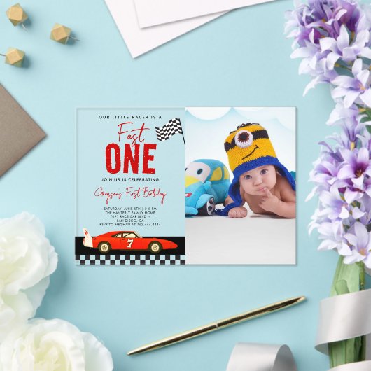 Invitations En Acrylique Fast One Race Car Boy Photo 1st Birthday Party (Insitu (Mariage))